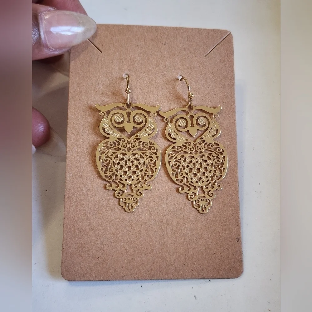 Gold-Toned Dangle Owl Shape Earrings Cut-Out Design
